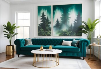 A living room with a blue couch and a painting of trees