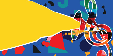 Colorful G-clef with gramophone horn isolated vector illustration design. Music background. Retro phonograph horn with music notes, music festival poster, concert events, party flyer. © abstract