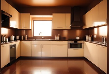 A kitchen with a brown wall and a black cabinet