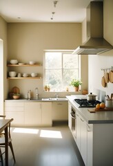 A kitchen with a stove, oven, and potted plant on the shelf