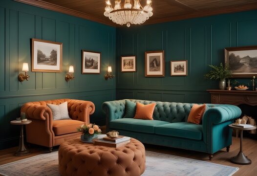 A room with a couch, chairs, and a lamp