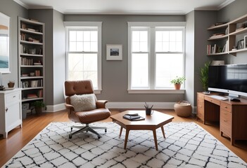 A living room with a chair and a coffee table