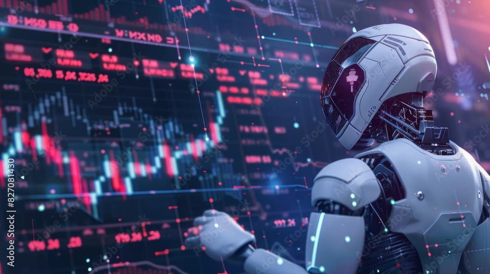 Poster a robot is positioned in front of a wall filled with data, displaying a scene of advanced technology