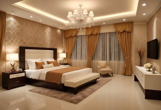 A hotel room with a bed and a lamp on the wall