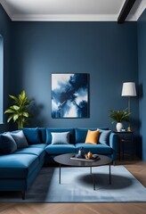 A blue living room with a painting on the wall 