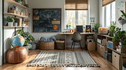 Modern children's room at home. Spacious interior with a desk for studying, a chair, bookshelves, chalkboard, Earth globe, green plants, boxes, toys, and a play area with a rug, and laminate flooring