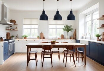 A kitchen with a table and chairs and a table with chairs and a window with a view of the outside