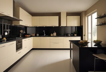 A kitchen with a black countertop and a black countertop with a bowl of fruit on it