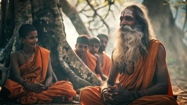 An Indian old sadhu sitting under a tree with a group of disciples