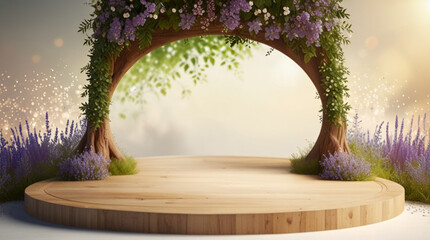 Photo nature on podium background 3D product platform display wood stage pedestal. Light background 3D podium 