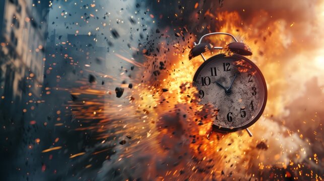 Running after time, alarm clock burning in fire, exploding rush hour, deadline pressure, urgency