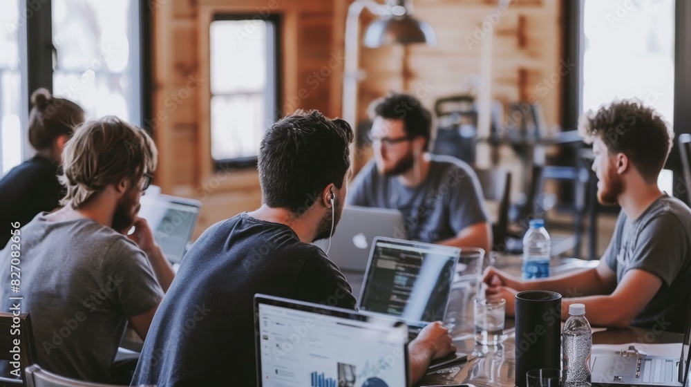 Poster a group of individuals sitting around a table with laptops open, working or studying together in a c