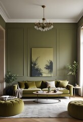 A living room with green walls and a couch with a lamp on the table