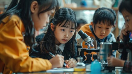A teacher observes how female students look at a microscope during a biology lesson in elementary school. Schoolchildren write down the information given by their classmates in notebooks. - Powered by Adobe