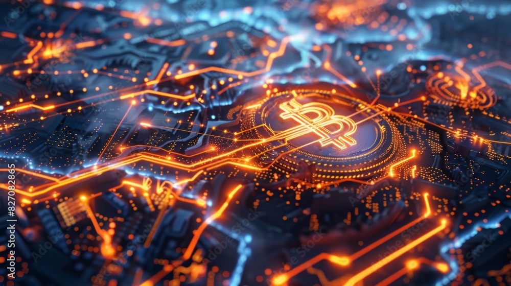 Poster a bitcoin positioned in the center of a complex computer circuit board, symbolizing the integration 