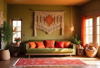 A living room with a couch and a window with a curtain that says pompom