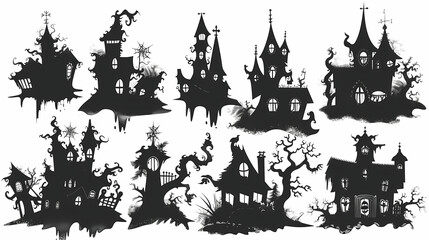 Fototapeta premium Collection of haunted house shadows, scary halloween house set