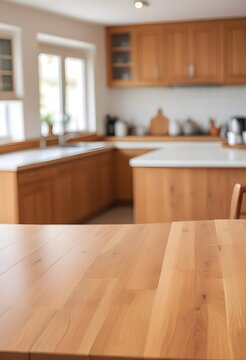 A kitchen with a wooden table and a window with a plant on the top