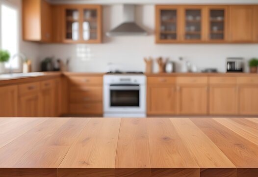 A kitchen with a wooden table a stove and a microwave