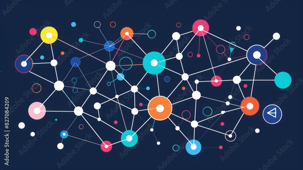 Poster background with vibrant circles and dots in various colors forming an abstract pattern on a blue bac
