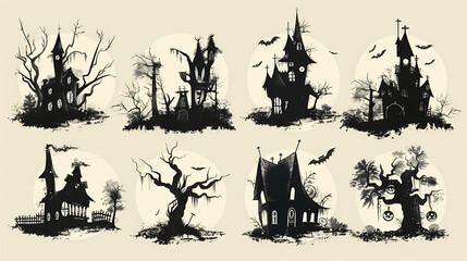 Fototapeta premium Collection of haunted house shadows, scary halloween house set