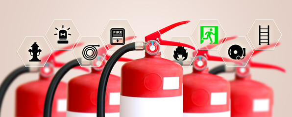 Fire extinguisher with prevention icons for protection and prevent and safety rescue and use of...