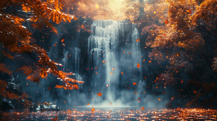 Waterfall flowing through a vibrant autumn forest, leaves swirling in the rain.