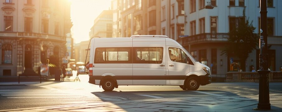 White minibus driving on city street with sunlight flare, conveying urban transport.