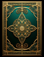 3D book cover frame, golden and emerald color palette, intricate design with arabesque patterns