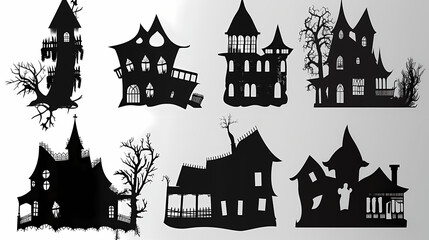 Collection of haunted house shadows, scary halloween house set