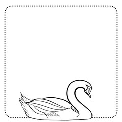 A graceful white swan with long wings glides on calm lake water with message frame