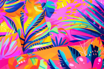 
A vibrant, colorful illustration featuring tropical fruits and leaves, with bold hues of pink, orange, green, and blue.