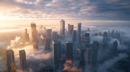 A misty morning city skyline with clouds partially obscuring the tallest buildings