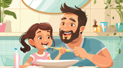 Father and his daughter brushing teeth together indoo