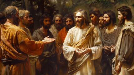 Jesus speaking to the crowd, surrounded by his disciples in ancient Jerusalem. The scene captures Jesus' serene expression as he passes on wisdom and knowledge with warmth and compassion.
