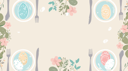 Festive Easter table setting with eggs on beige background