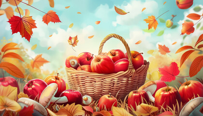 A basket full of apples and mushrooms on a fall day