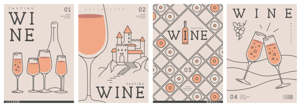Set of modern line art magazine covers or posters with wine bottles and glasses. Restaurant menu design. Vector illustration