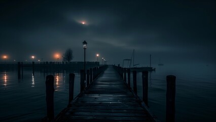 Fototapeta premium wooden bridge over the river, pier in the night