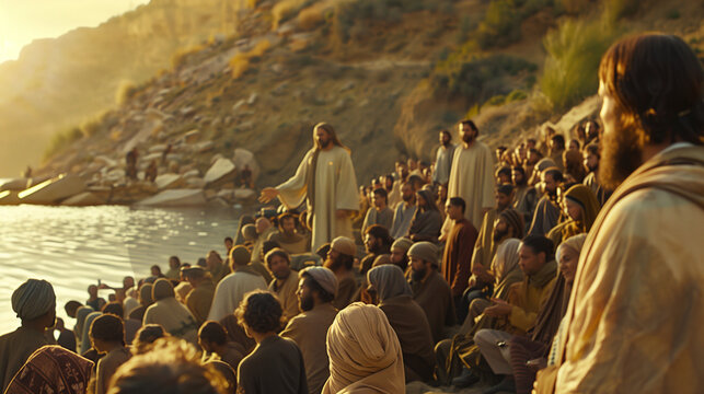 Jesus performing the miracle of feeding the 5000, with loaves and fish multiplying in his hands. He stands on a hillside surrounded by a large, amazed crowd and his disciples. 