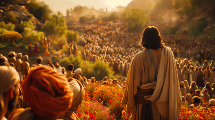 Jesus performing the miracle of feeding the 5000, with loaves and fish multiplying in his hands. He stands on a hillside surrounded by a large, amazed crowd and his disciples. 