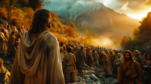 Jesus performing the miracle of feeding the 5000, with loaves and fish multiplying in his hands. He stands on a hillside surrounded by a large, amazed crowd and his disciples. 