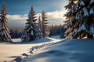 Beautiful landscape with snow covered fir trees and snowdrifts