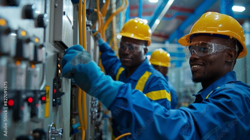 Wall mural three workers in safety gear adjusting equipment in an industrial setting, showcasing teamwork and t