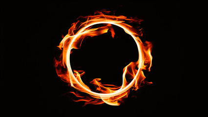 Abstract golden ring of fire circle with light effect on black background, generated by AI