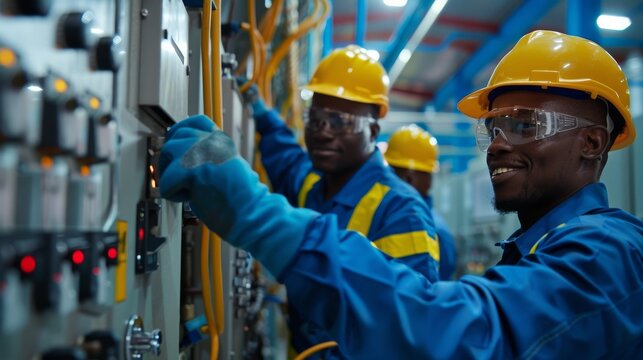 Three workers in safety gear adjusting equipment in an industrial setting, showcasing teamwork and technical skills