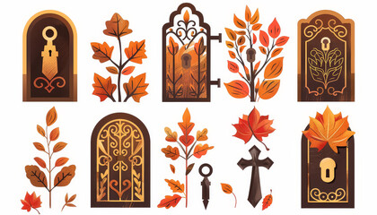 A collection of images of doors and gates with leaves and flowers on them