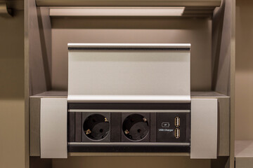 Compartment for sockets and outputs for USB panel in the kitchen, design of built-in kitchen...