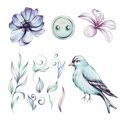 A blue bird is perched on a branch next to a purple flower. The bird is looking to the left