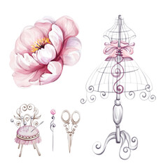 Watercolor clip art. A pink flower, a pink dress, a pink chair, and a pair of scissors. Concept of femininity and elegance, vintage style, old-fashioned